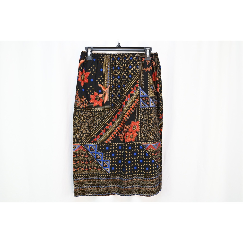 Vintage Black Floral Abstract Geometric Midi Skirt Elastic Waist Batik Style